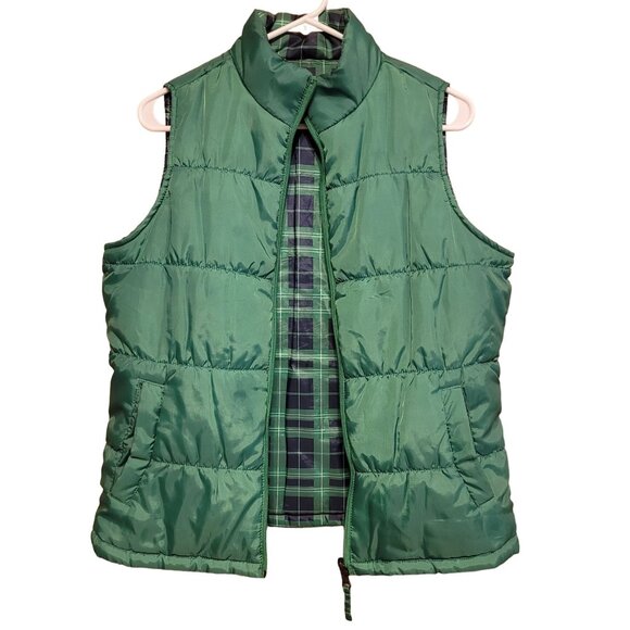 Merona Jackets & Blazers - Merona Women's Size Medium Reversible Puffer Vest Green Blue Plaid Holiday Zip